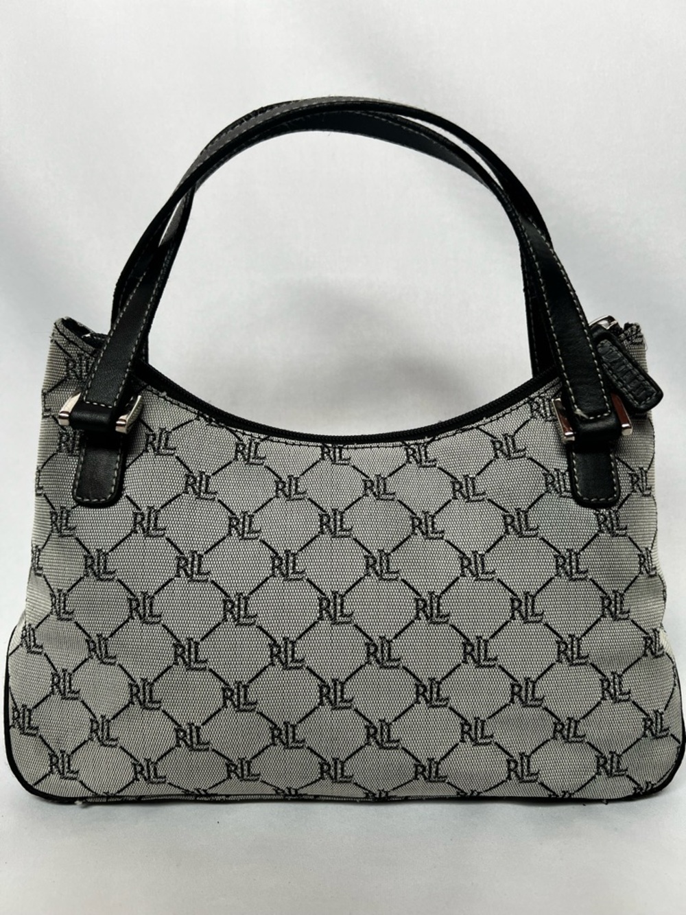 Lauren Ralph Lauren RL Monogram Shoulder Bag Black Gray Canvas Leather Trim Y2K